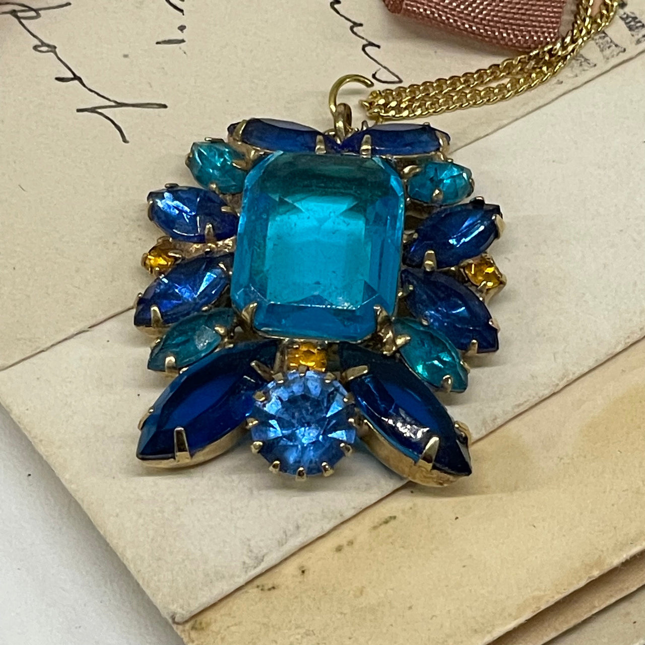 Rectangle Blue Rhinestone Cluster Pendant Bloomers and Frocks 