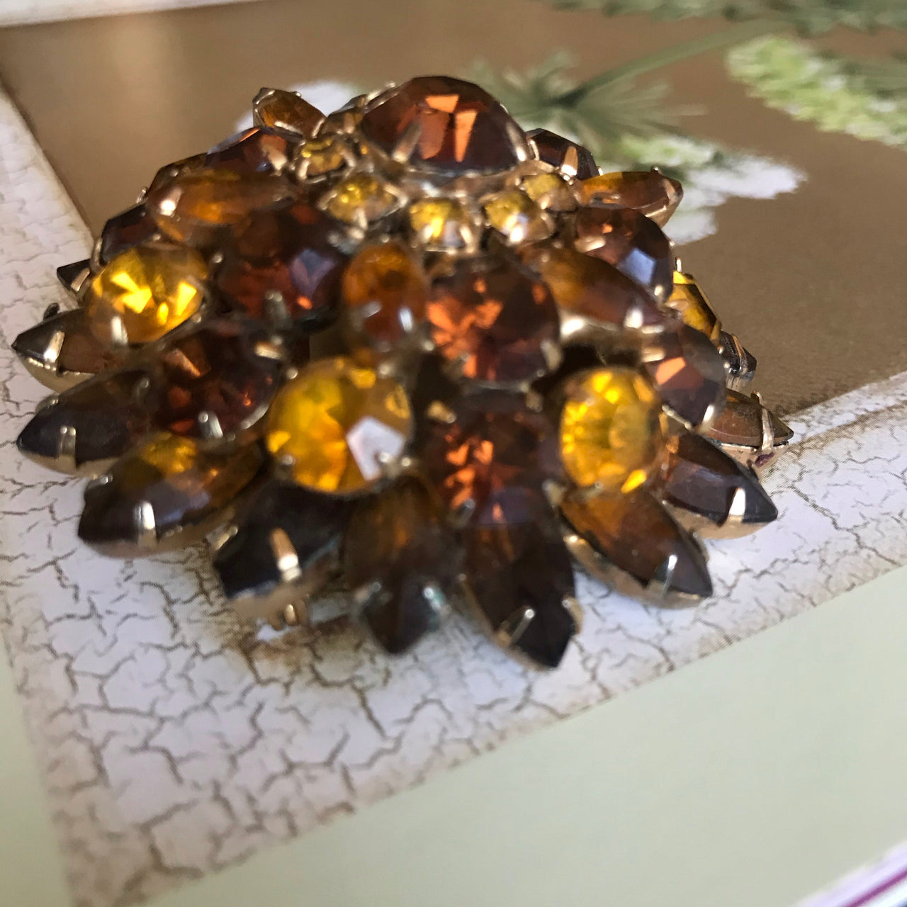 Three-Dimensional Brown and Amber Rhinestone Brooch Jewelry Bloomers and Frocks 