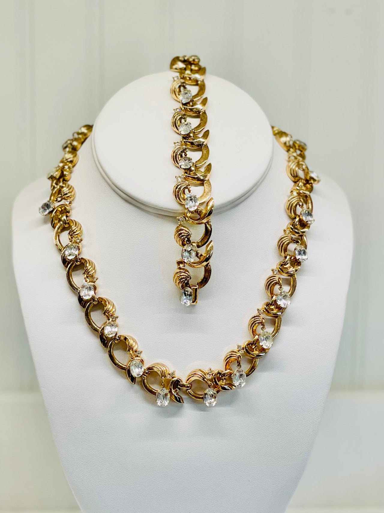 Trifari 3 Piece Gold and Rhinestone Set Jewelry Bloomers and Frocks 