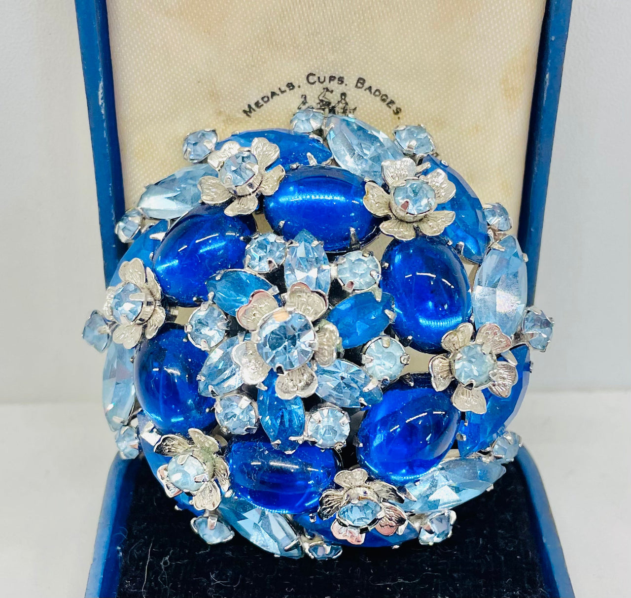 Vendome Blue Rhinestone Silver Flower Brooch Jewelry Bloomers and Frocks 