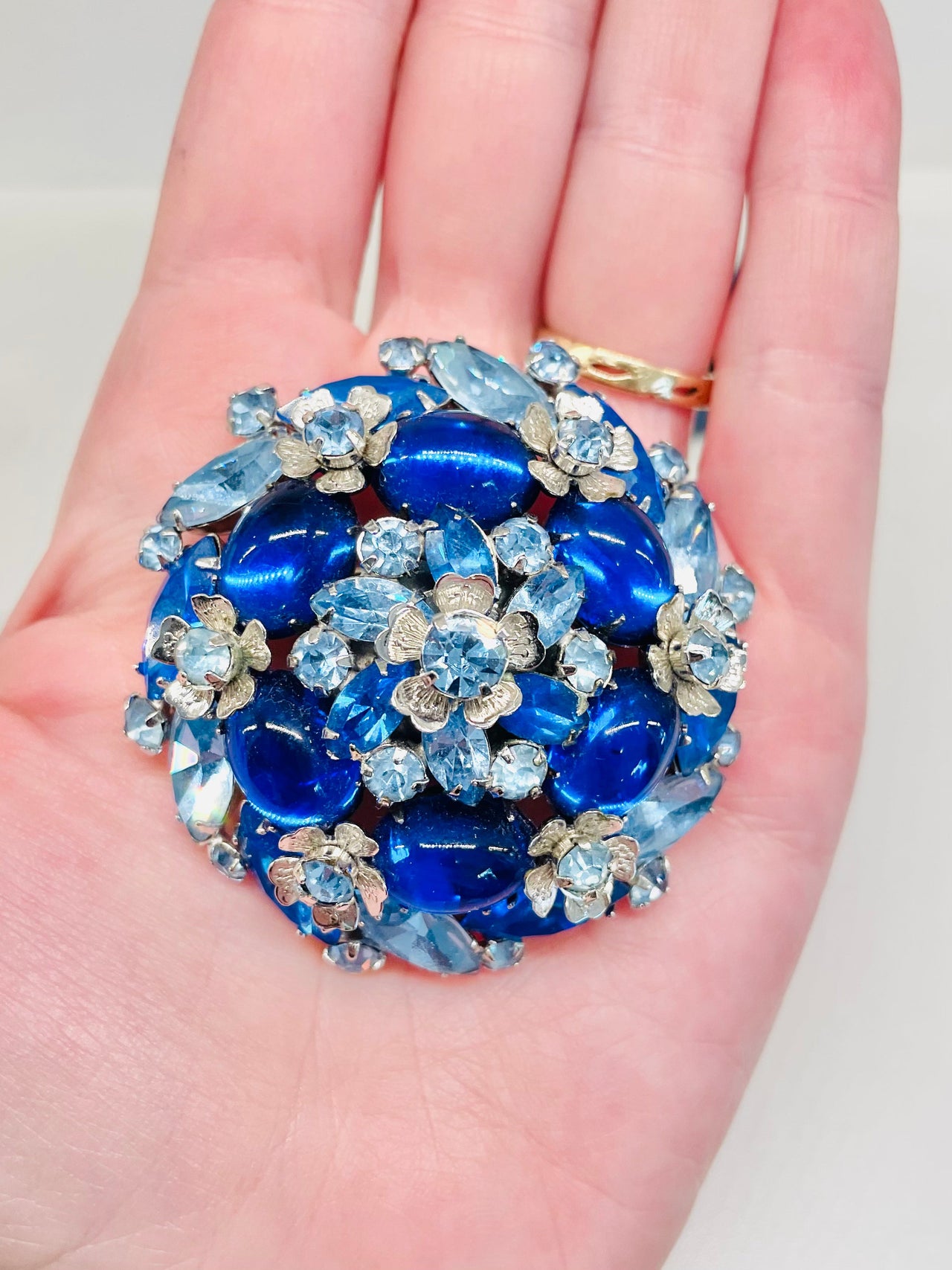 Vendome Blue Rhinestone Silver Flower Brooch Jewelry Bloomers and Frocks 