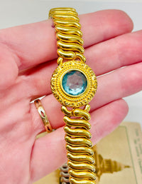 Thumbnail for Vintage American Queen Gold Sweetheart Necklace with Blue Glass Center Jewelry Bloomers and Frocks 