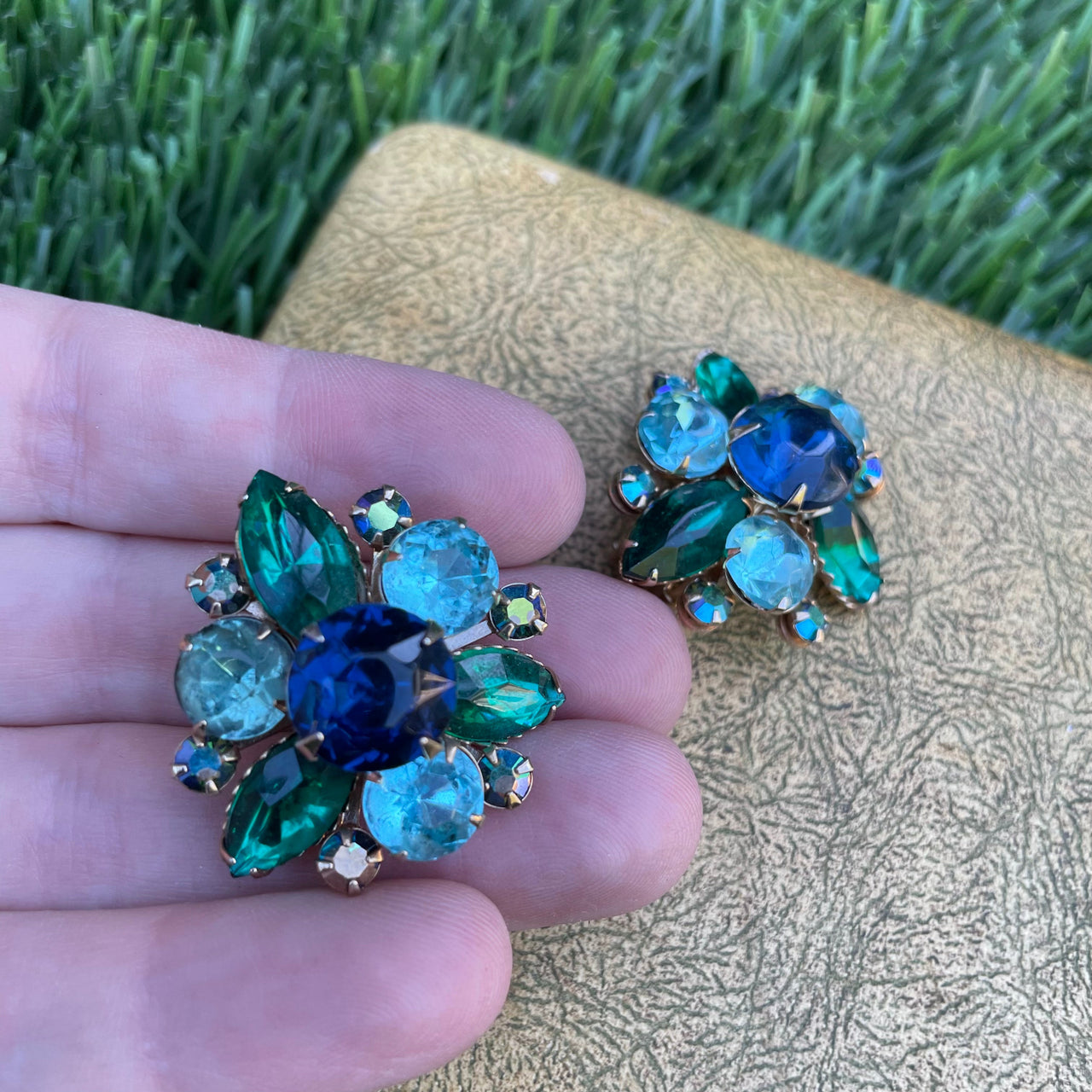 Vintage Blue Green Rhinestone "Water Gem" Earrings Jewelry Bloomers and Frocks 