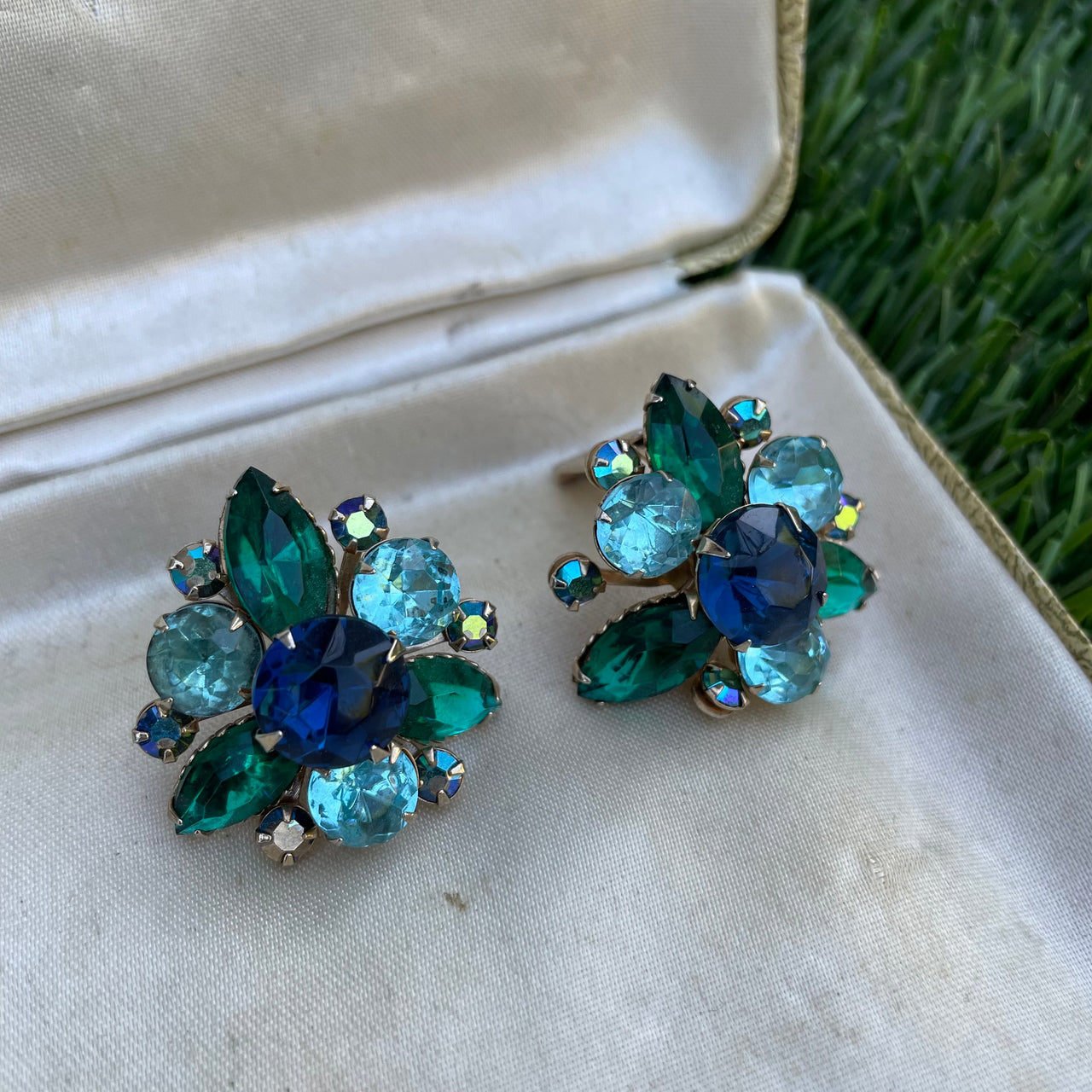 Vintage Blue Green Rhinestone "Water Gem" Earrings Jewelry Bloomers and Frocks 