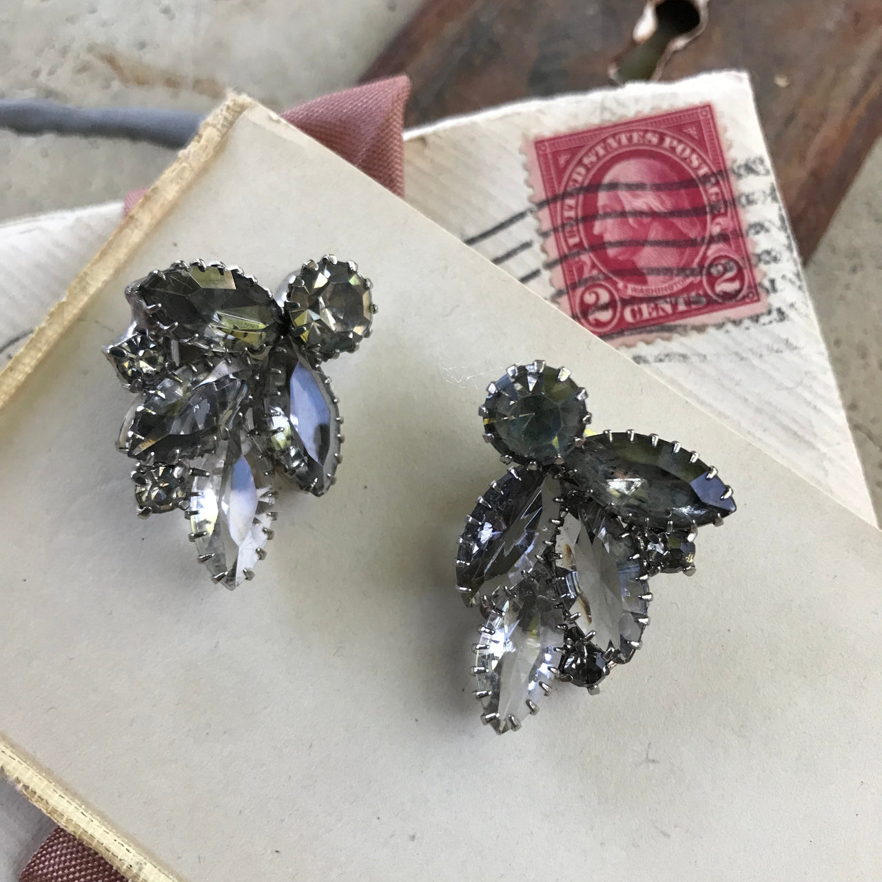 Vintage Gray Rhinestone Clip Earrings Jewelry Bloomers and Frocks 