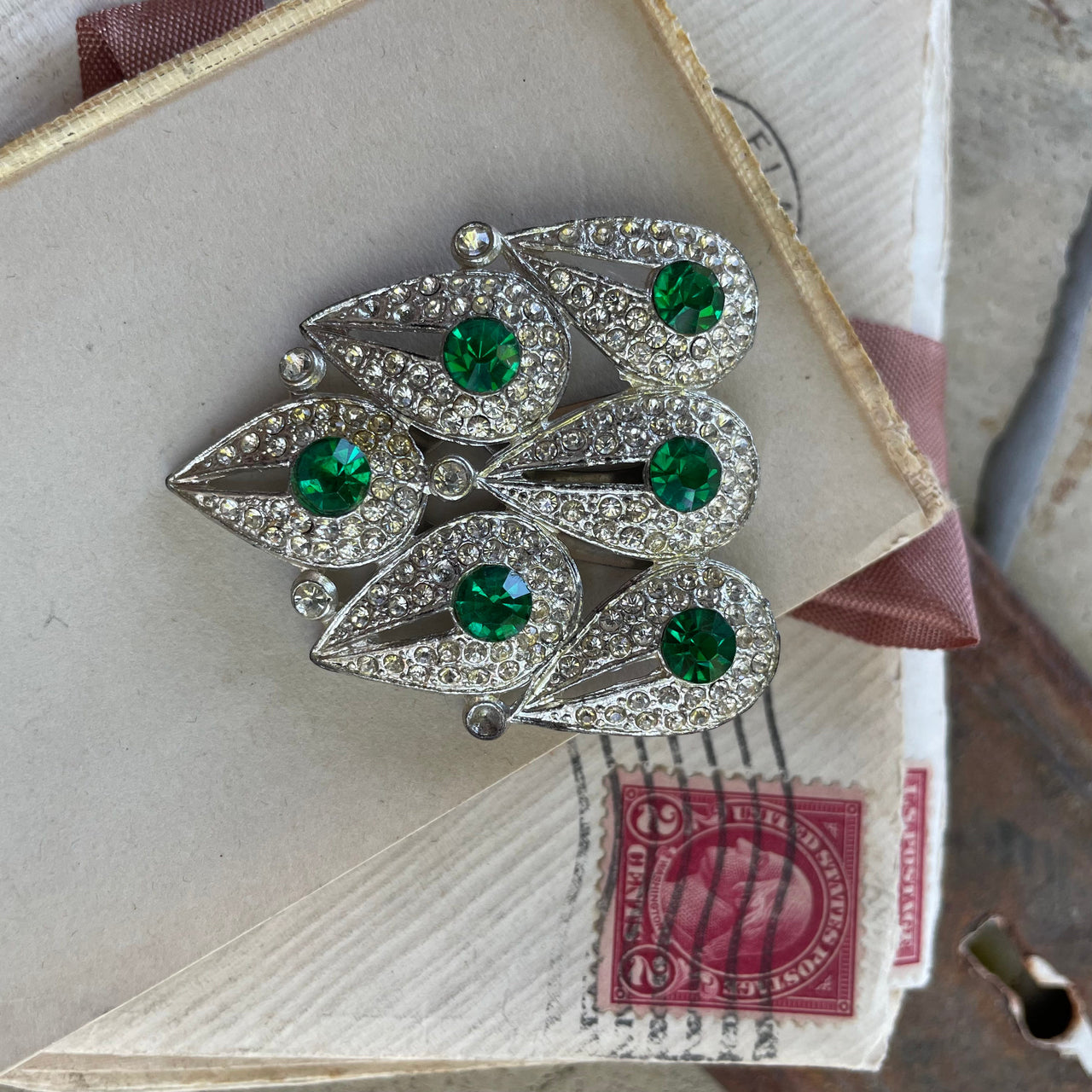 Vintage Green Rhinestone Fur Clip Jewelry Bloomers and Frocks 