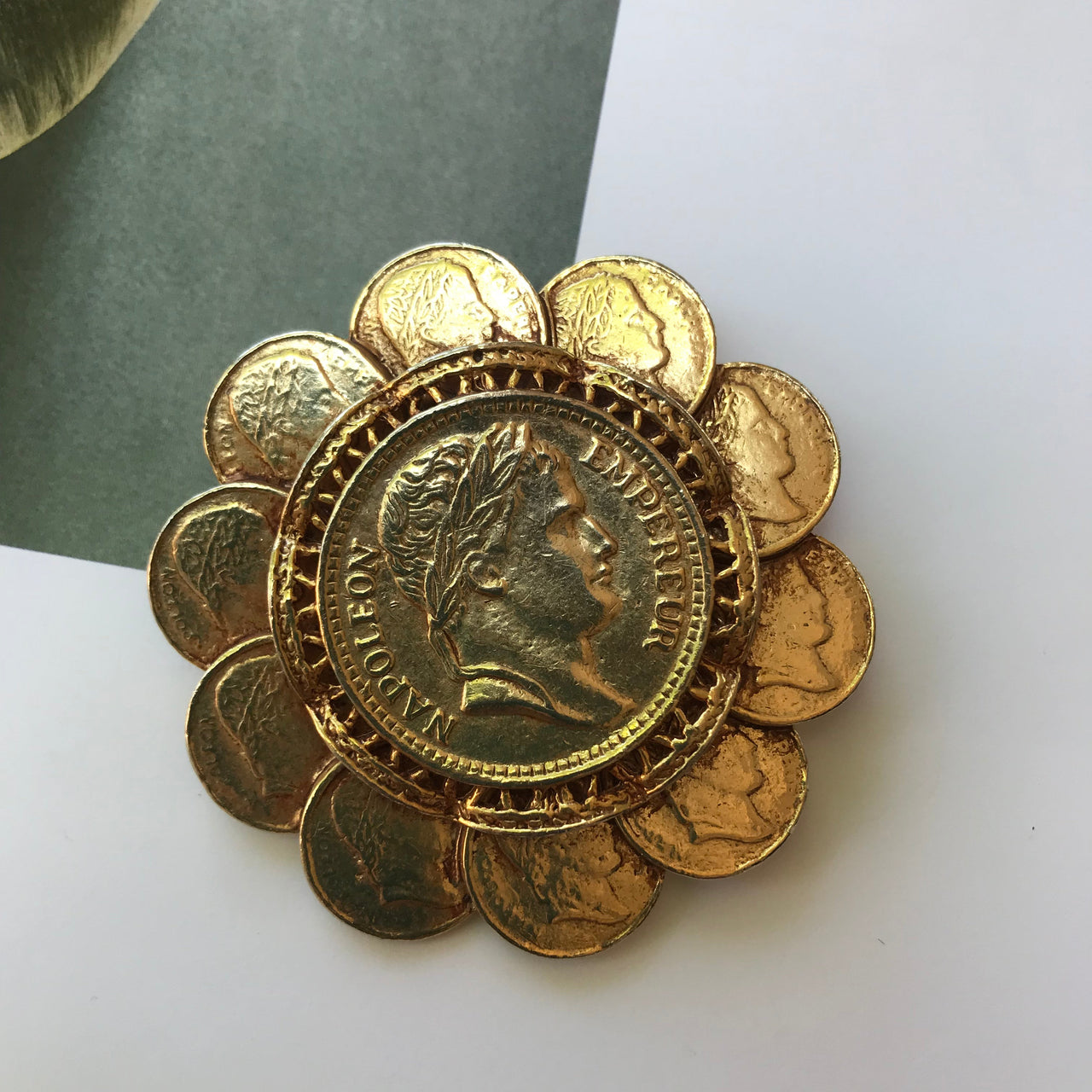 Vintage Napoleon Gold Coin Brooch Jewelry Bloomers and Frocks 