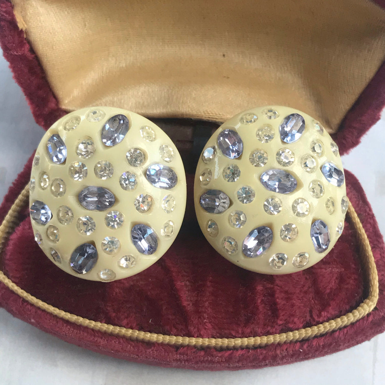 Weiss Cream Rhinestone Earrings Jewelry Bloomers and Frocks 