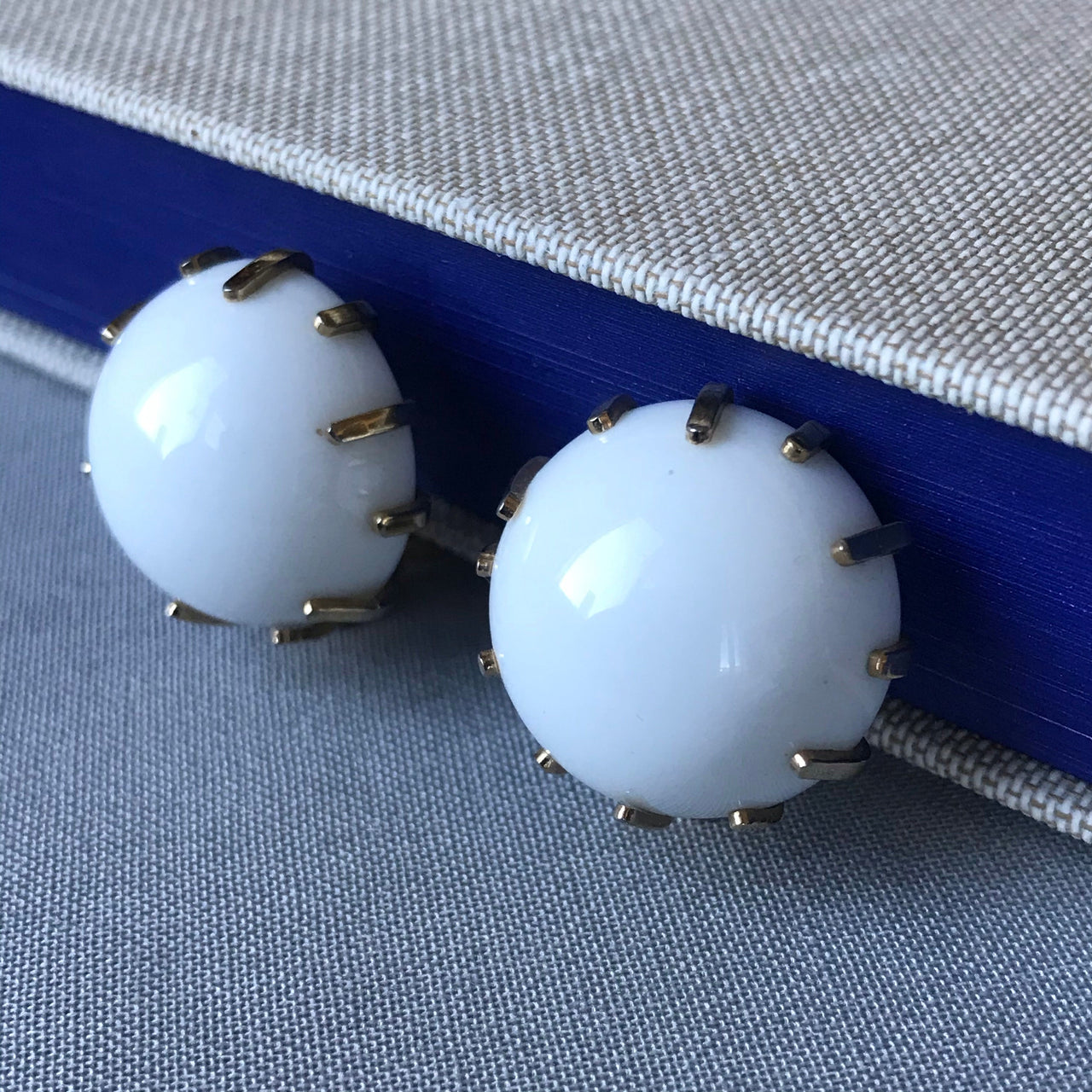 White Milk Glass Prong Set Clip Earrings Jewelry Bloomers and Frocks 